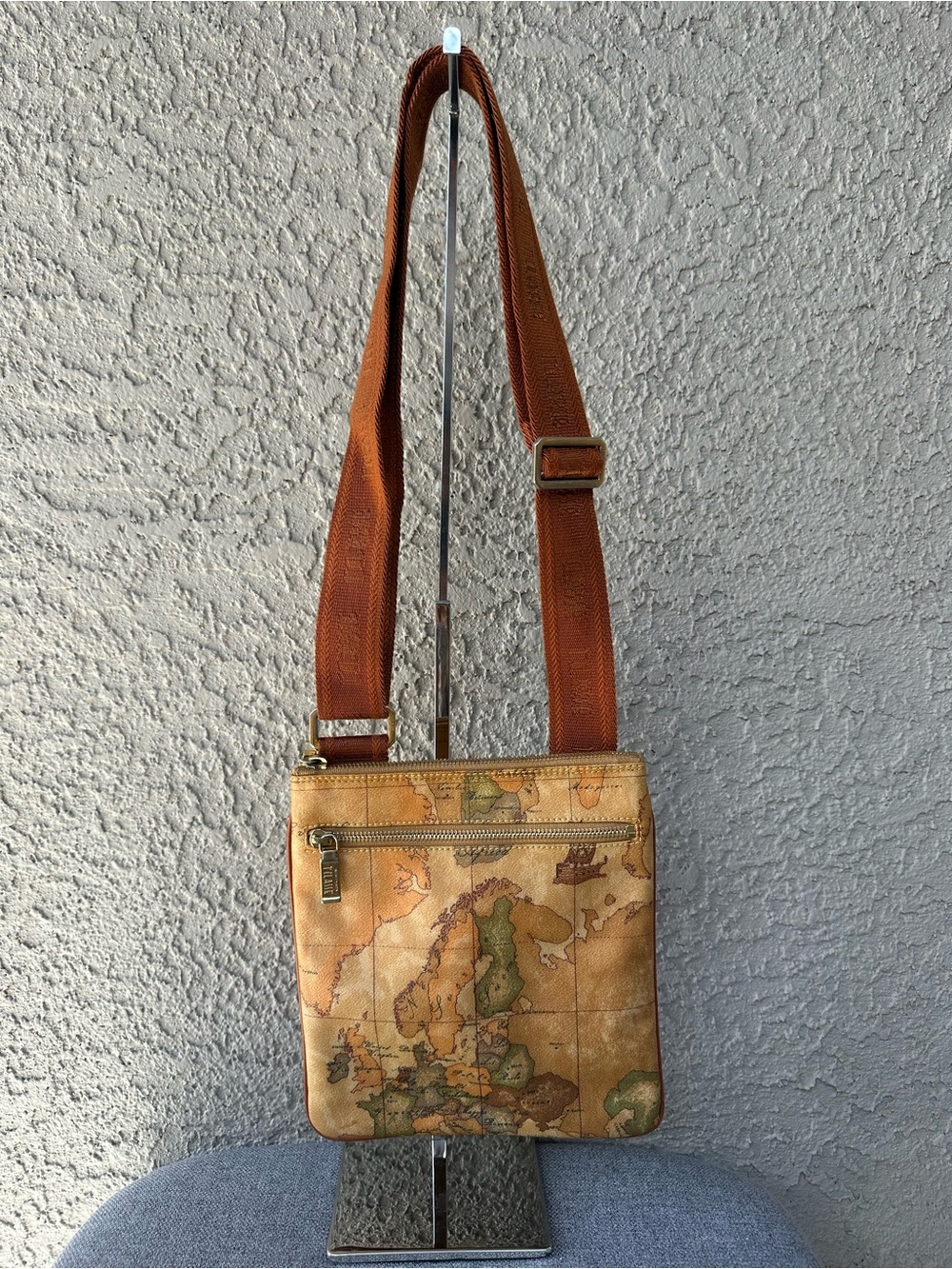Alviero Martini Map-Print Crossbody Messenger in Brown and Tan
